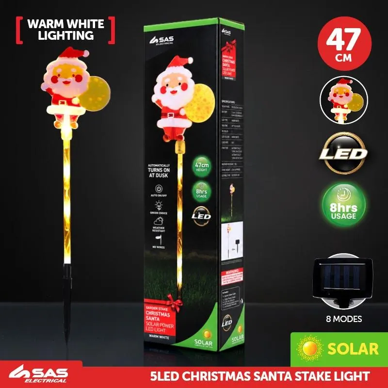 Christmas Stake Light Solar Santa Coloured 5LED 9cm X 10.5cm X 47cm Warm White 8 Functions – image 4
