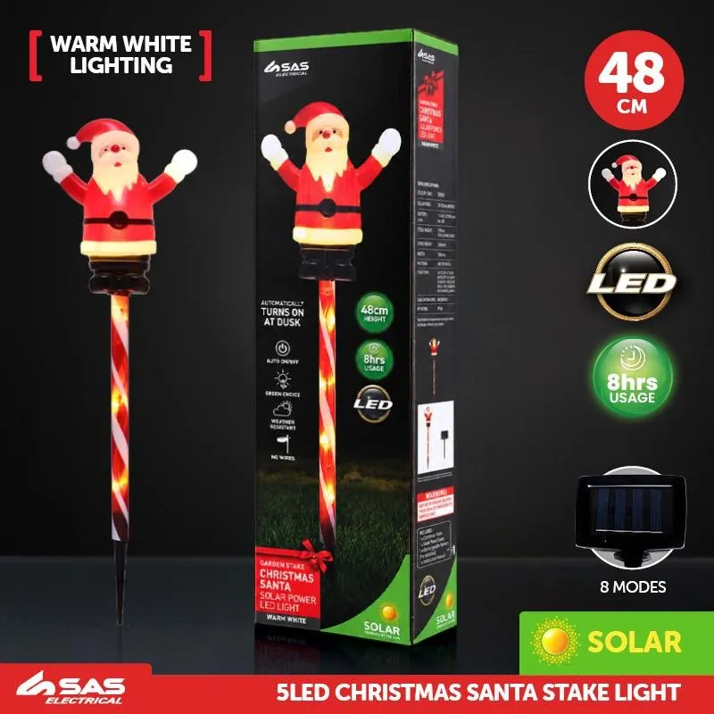 Stake Light Solar Christmas Santa with Candy Stripe Stake 5LED 11cm X 12cm X 48cm Warm White 8 Functions – image 4