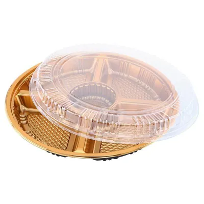 Christmas Tray 5-Section Reusable Plastic Gold 35cm X 35cm X 4cm Includes Clear Lid - Total Height with Lid 6cm