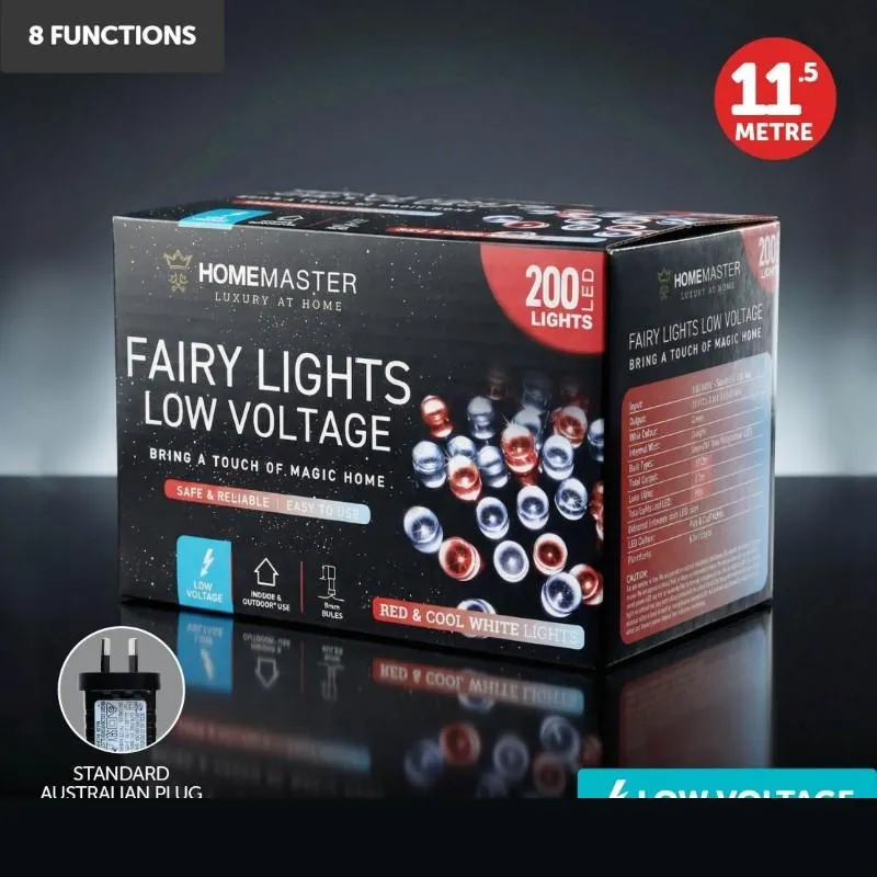 Christmas Fairy Light Low Voltage 200LED 11.5m Total Length Red & Cool White 8 Function – image 4