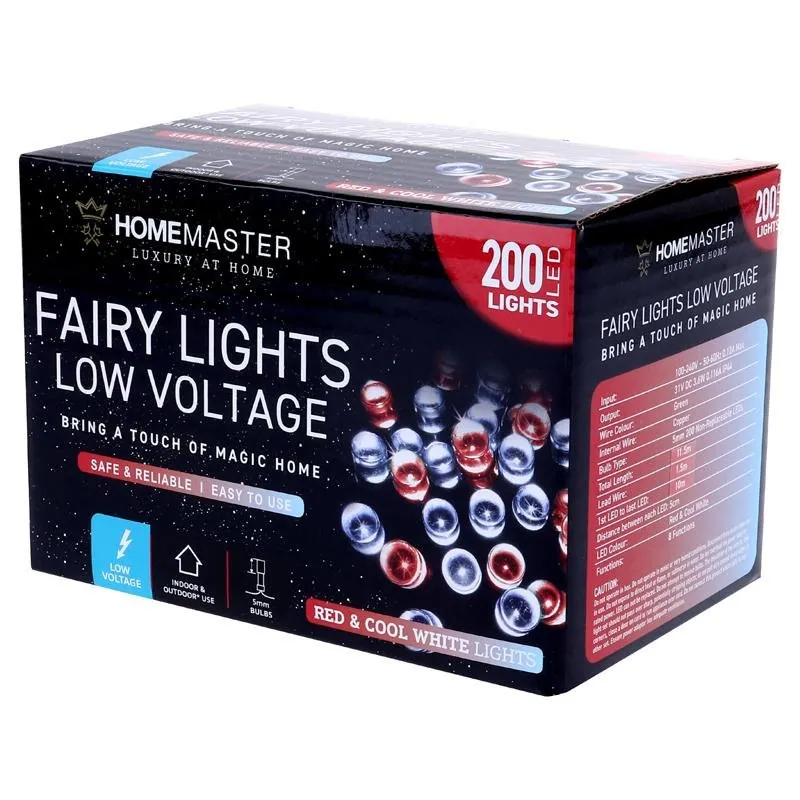 Christmas Fairy Light Low Voltage 200LED 11.5m Total Length Red & Cool White 8 Function – image 3
