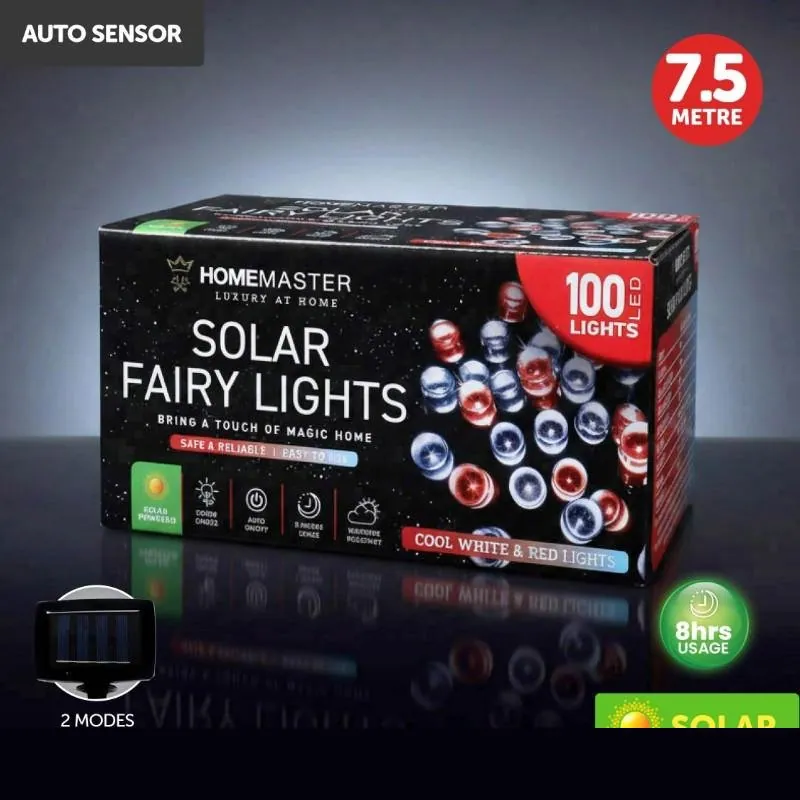 Christmas Fairy Light Solar 100LED 7.5m Total Length Red & Cool White 2 Functions – image 4