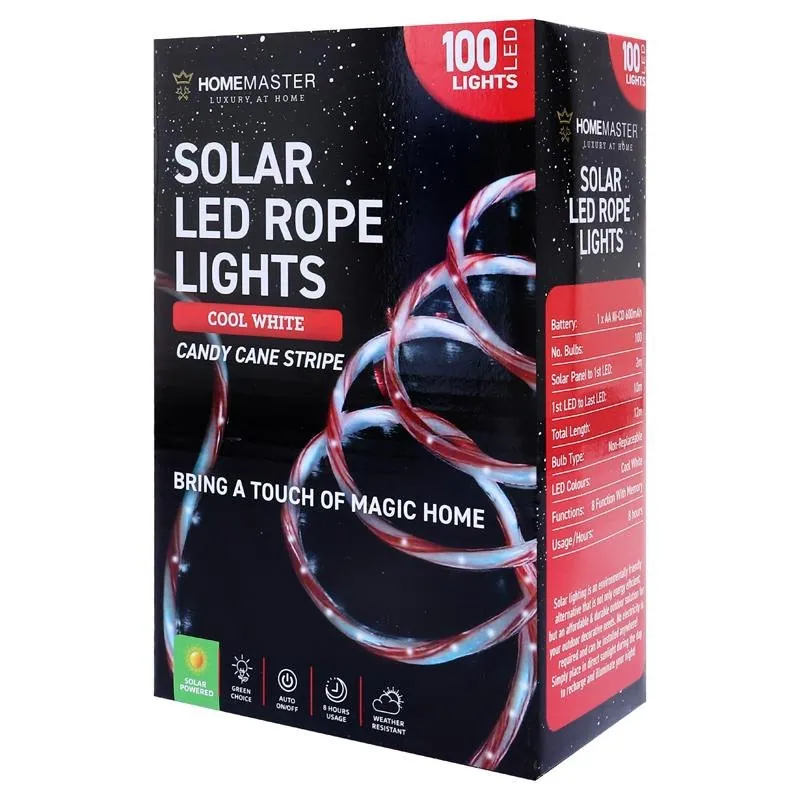 Christmas Rope Light Solar 100LED 12m Total Length Candy Cane Cool White 8 Functions – image 3