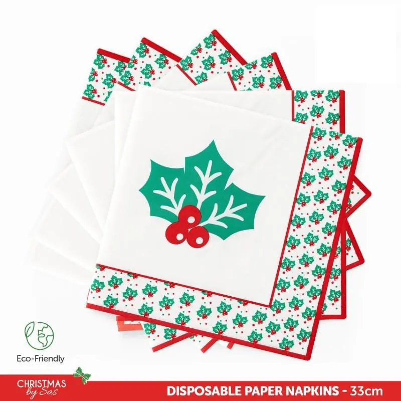 Christmas Paper Napkins Enviro Disposable 30pk 33cm X 33cm Holly Design – image 4