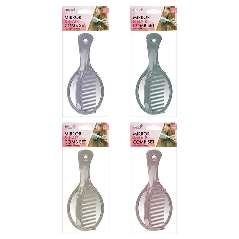 Mirror and Comb Set 2pc 17cm - Assorted Colours Pale Pink, Purple, Green, Cream Clip Strip – image 4