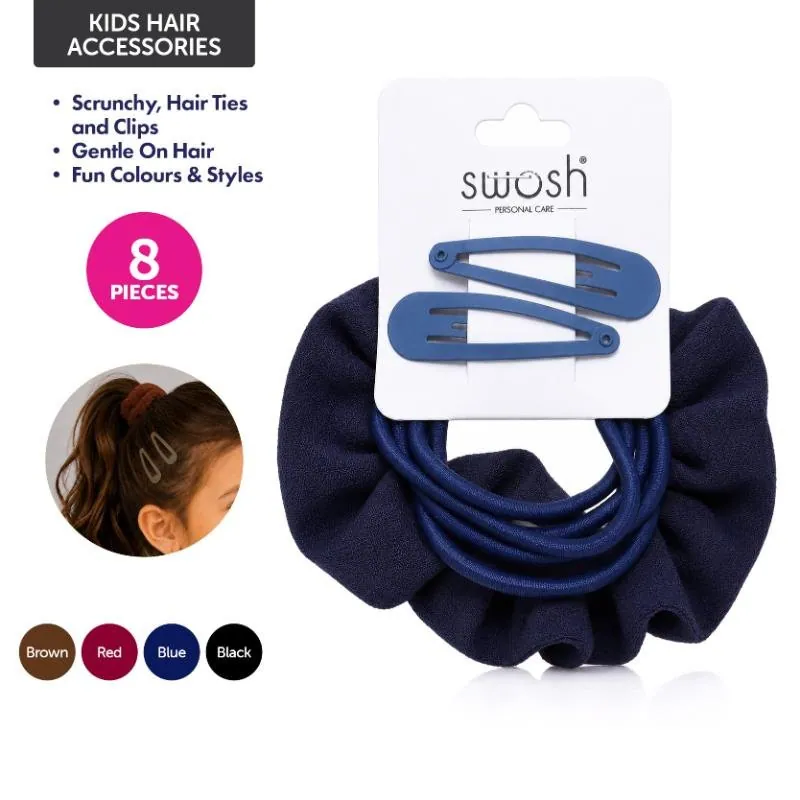 Hair Clip Set 8pc Includes 2 X Clips, 5 X Hair Ties & 1 X Scrunchy, 4 Assorted Colours Black, Blue, Red & Brown – image 4