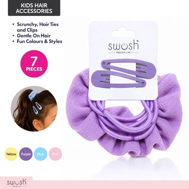 Hair Clip Set 7pc Includes 2 Clips, 4 Hair Ties & 1 Scrunchy, 4 Assorted Colours Pink, Purple, Blue, Yellow – image 4