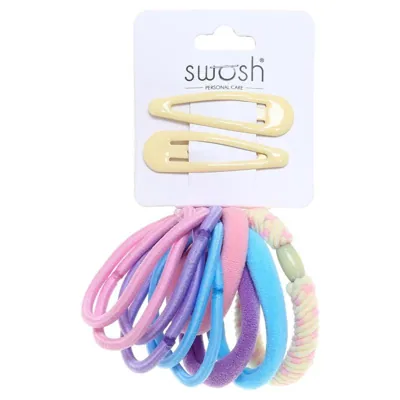 Hair Clip Set 12pc Includes 2 Clips and 10 Assorted Hair Ties, 4 Assorted Colours: Pink, Purple, Blue, Yellow