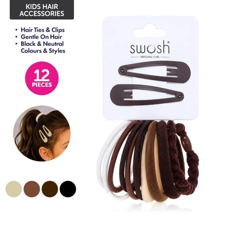 Hair Clip Set 12pc Includes 2 Clips and 10 Assorted Hair Ties Assorted Colours, Black & Neutrals – image 4