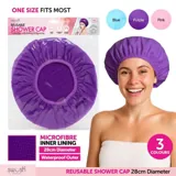 Shower Cap Waterproof with Microfibre Lining Reusable 28cmØ - 3 Assorted Colours Purple, Blue, Pink – image 2