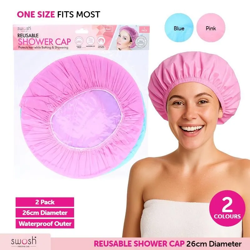 Shower Cap Reusable 26cmØ 2pk Includes: Pink & Blue - PVC – image 2
