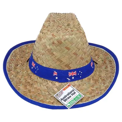 Australian Design Wide Brim Straw Hat with Drawstring & Blue Trim 37cm X 35cm