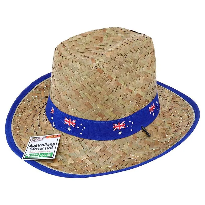 Australian Design Wide Brim Straw Hat with Drawstring & Blue Trim 37cm X 35cm – image 2