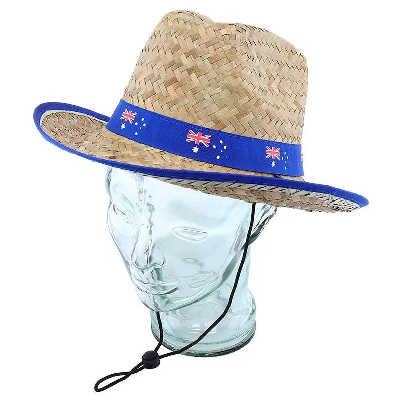 Australian Design Wide Brim Straw Hat with Drawstring & Blue Trim 37cm X 35cm – image 3