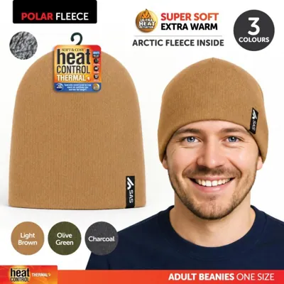 Beanie Adults Heat Control Thermal Lined Basic Knit Camel, Olive Green & Charcoal