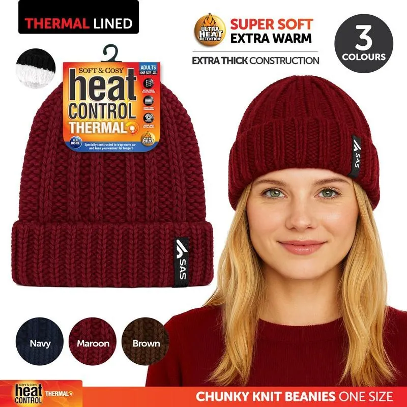 Beanie Womens Heat Control Thermal Lined Chunky Ribbed Knit Navy Blue, Brown, Maroon – image 4