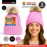 Beanie Womens Heat Control Thermal Lined Pom Pom Chunky Ribbed Brown, Grey & Pink – image 4