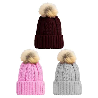 Beanie Womens Heat Control Thermal Lined Pom Pom Chunky Ribbed Brown, Grey & Pink