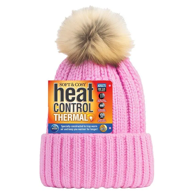 Beanie Womens Heat Control Thermal Lined Pom Pom Chunky Ribbed Brown, Grey & Pink – image 2