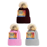 Beanie Womens Heat Control Thermal Lined Pom Pom Chunky Ribbed Brown, Grey & Pink – image 3