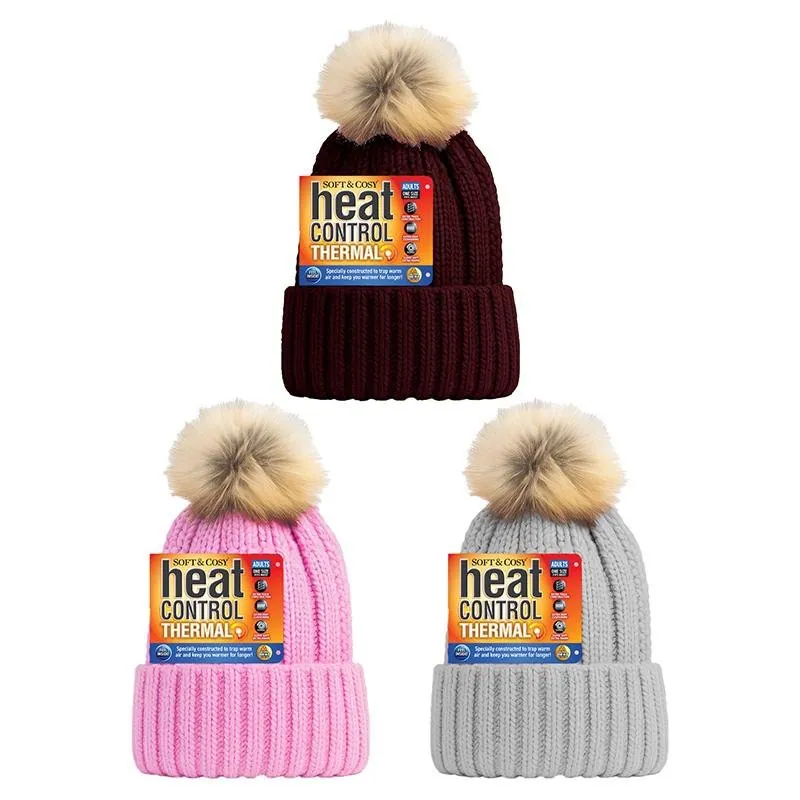 Beanie Womens Heat Control Thermal Lined Pom Pom Chunky Ribbed Brown, Grey & Pink – image 3