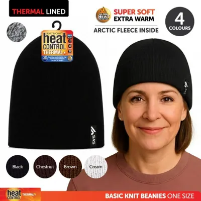 Beanie Womens Heat Control Thermal Lined Basic Knit Black, Cream, Brown & Maroon