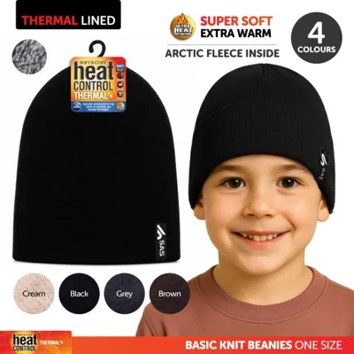 Beanie Kids Heat Control Thermal Lined Basic Knit Cream, Brown, Grey & Black