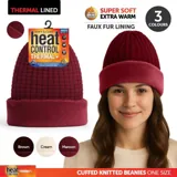 Beanie Adults Heat Control Thermal Lined Slouch Fringe Faux Fur Brown, Cream & Maroon – image 4