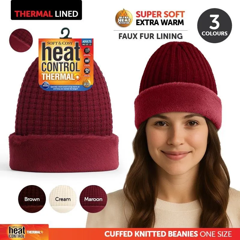 Beanie Adults Heat Control Thermal Lined Slouch Fringe Faux Fur Brown, Cream & Maroon – image 4