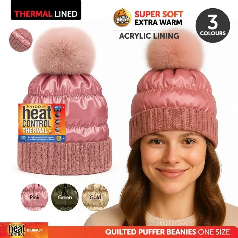Beanie Adults Heat Control Thermal Lined Quilted Puffer Beanie 3 Assorted Colours (Green, Pink & Gold) – image 4