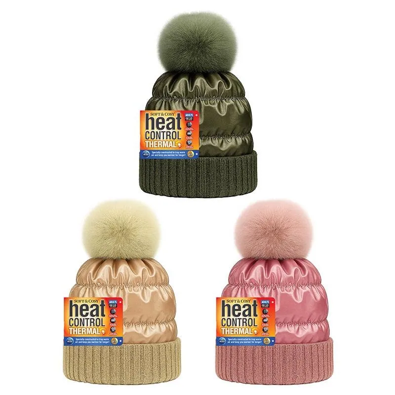Beanie Adults Heat Control Thermal Lined Quilted Puffer Beanie 3 Assorted Colours (Green, Pink & Gold) – image 3