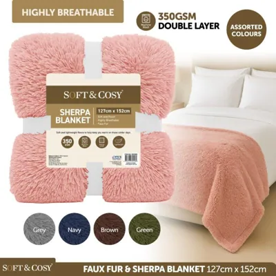 Blanket Double Layer Faux Fur & Sherpa 127cm X 152cm Assorted Colours