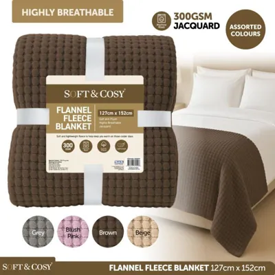 Blanket Flannel Fleece Jacquard 127cm X 152cm Assorted Colours