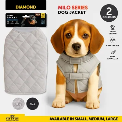 Dog Jacket Diamond Pattern Milo Series Black/Grey 35cm (s), 45cm (m) & 55cm (l)