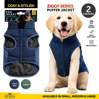 Dog Jacket Puffer Ziggy Series Navy Blue/Green 35cm (s), 45cm (m) & 55cm (l)