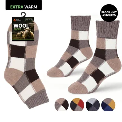 Socks Adults Heat Control Heritage Collection Wool Blend Colour Block Knit Crew Cut 4 Assorted