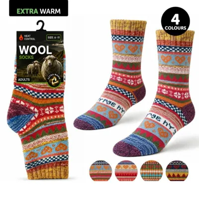 Socks Adults Heat Control Heritage Collection Wool Blend Pattern Knit Crew Cut 4 Assorted