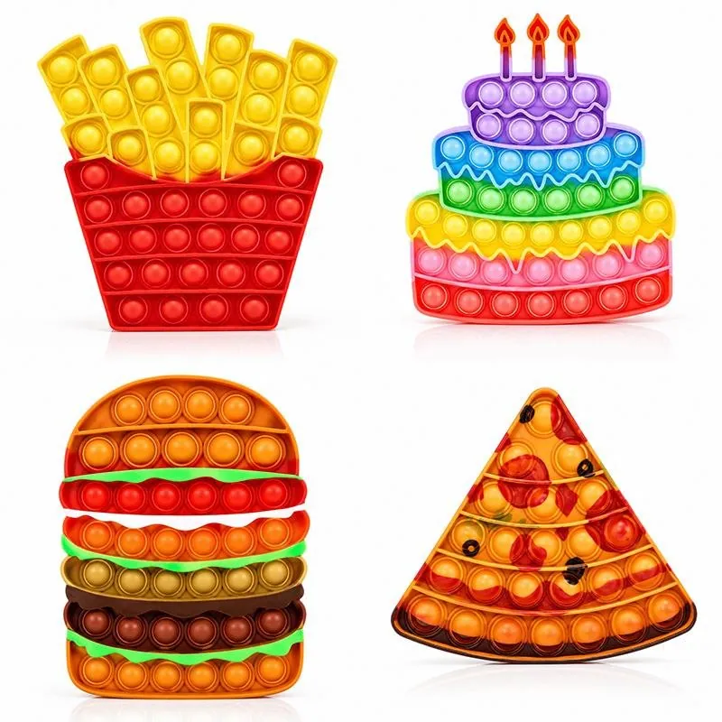 Fidget Push & Pop - Foodie Series - 4 Assorted (Hamburger, Birthday Cake, Fries, Pizza Slice) Sizes Vary 12.5cm~19cm Height - Silicone – image 2