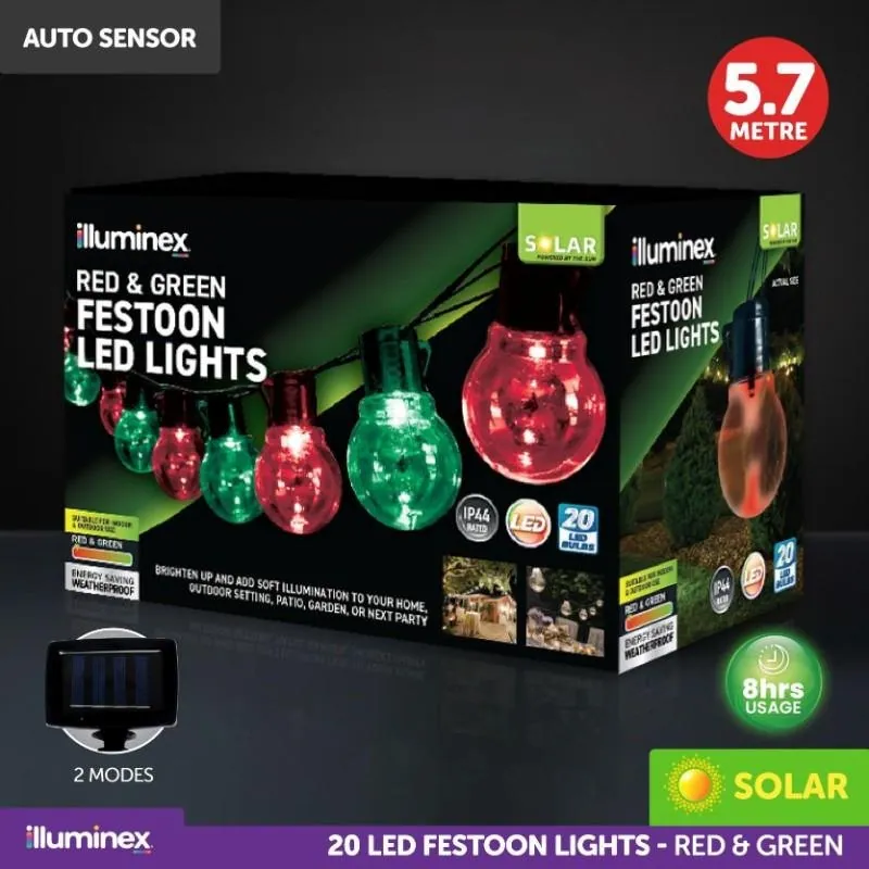 Christmas Solar Festoon Red & Green Mixed Lights 2 Functions 20pk – image 4