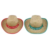 Christmas Hat Straw Wide Brim Adult 37cm X 35cm Natural 2 Assorted Colours, Red & Green – image 1