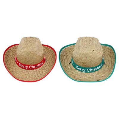 Christmas Hat Straw Wide Brim Adult 37cm X 35cm Natural 2 Assorted Colours, Red & Green