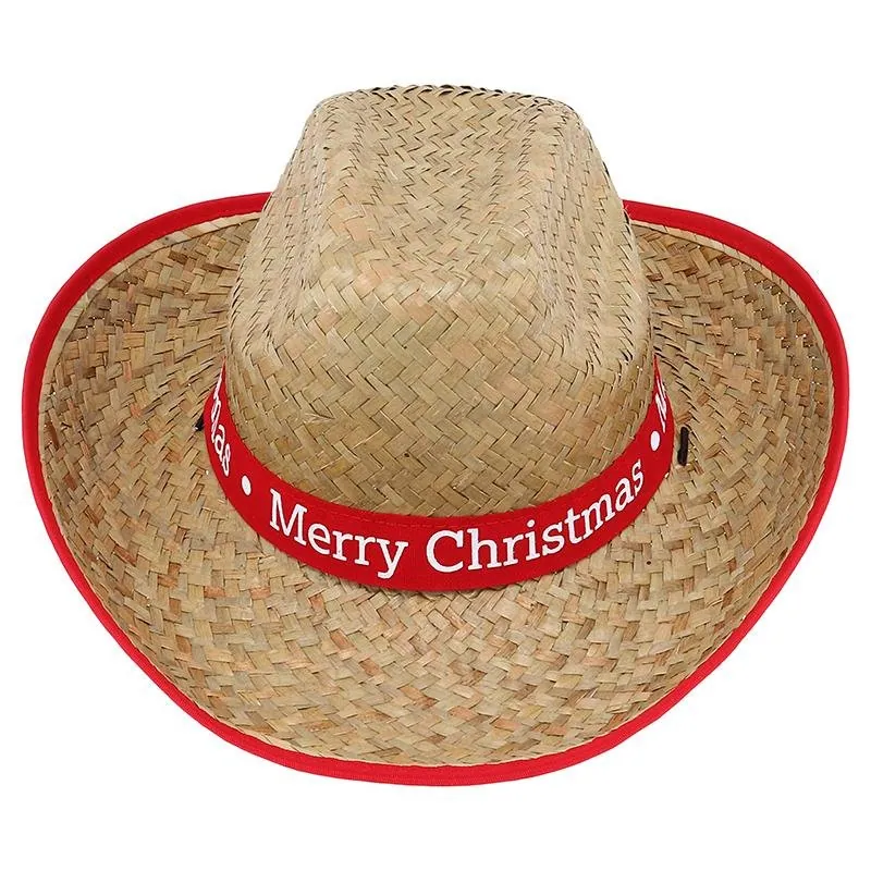 Christmas Hat Straw Wide Brim Adult 37cm X 35cm Natural 2 Assorted Colours, Red & Green – image 2
