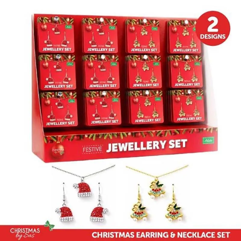 Christmas Earrings & Necklace Set Adults 3pc 2 Assorted Designs, Santa Hat & Bells in a Display Stand – image 4