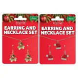 Christmas Earrings & Necklace Set Adults 3pc 2 Assorted Designs, Santa Hat & Bells in a Display Stand – image 1