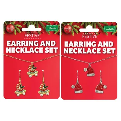Christmas Earrings & Necklace Set Adults 3pc 2 Assorted Designs, Santa Hat & Bells in a Display Stand