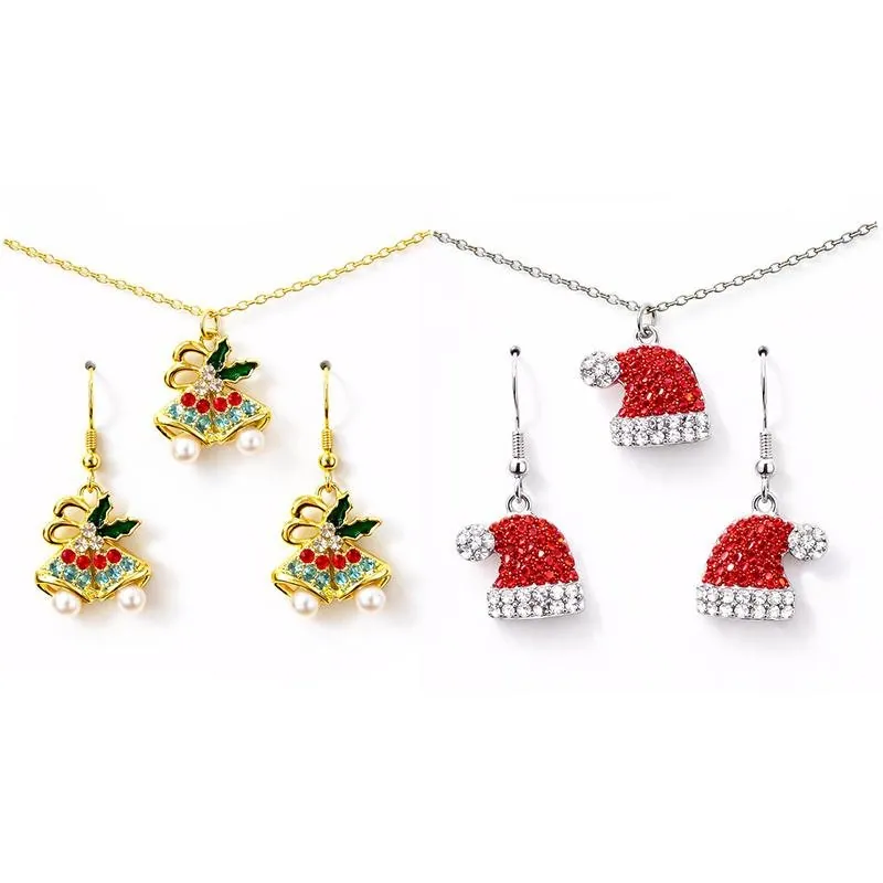 Christmas Earrings & Necklace Set Adults 3pc 2 Assorted Designs, Santa Hat & Bells in a Display Stand – image 2