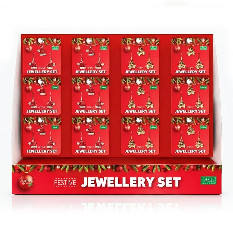 Christmas Earrings & Necklace Set Adults 3pc 2 Assorted Designs, Santa Hat & Bells in a Display Stand – image 3