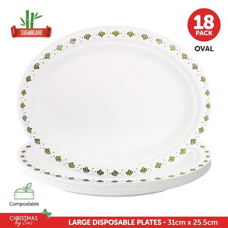 Sugarcane Bagasse Christmas Oval Plates 18pk Large 31cm X 25.5cm Holly Print – image 4