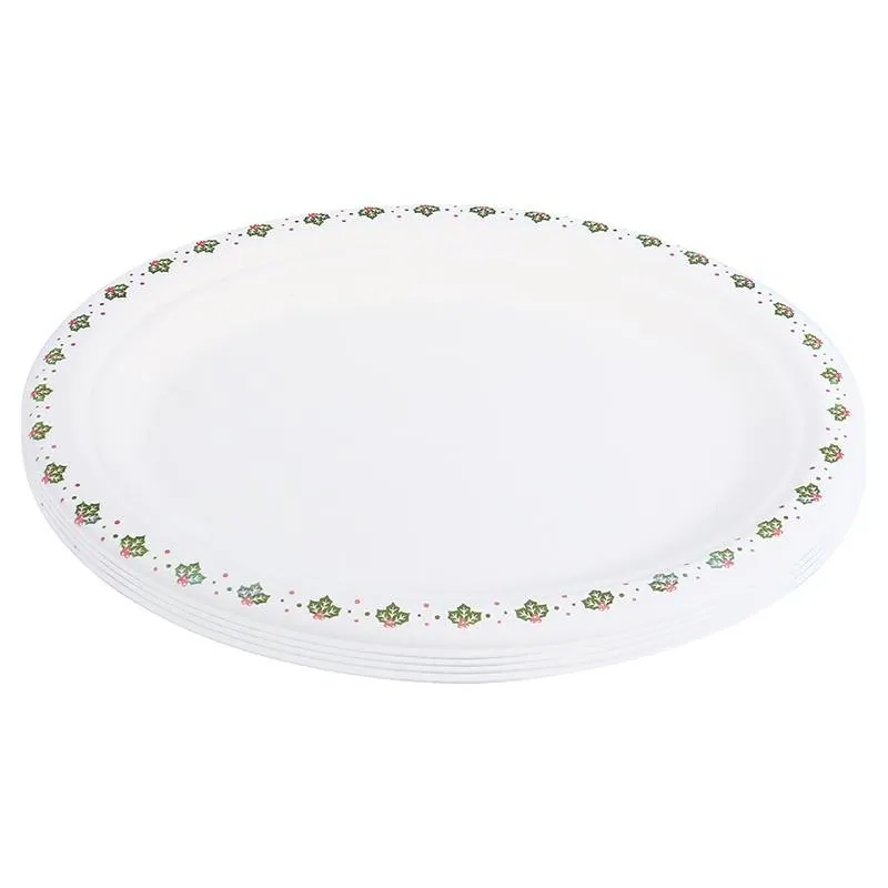Sugarcane Bagasse Christmas Oval Plates 18pk Large 31cm X 25.5cm Holly Print – image 3