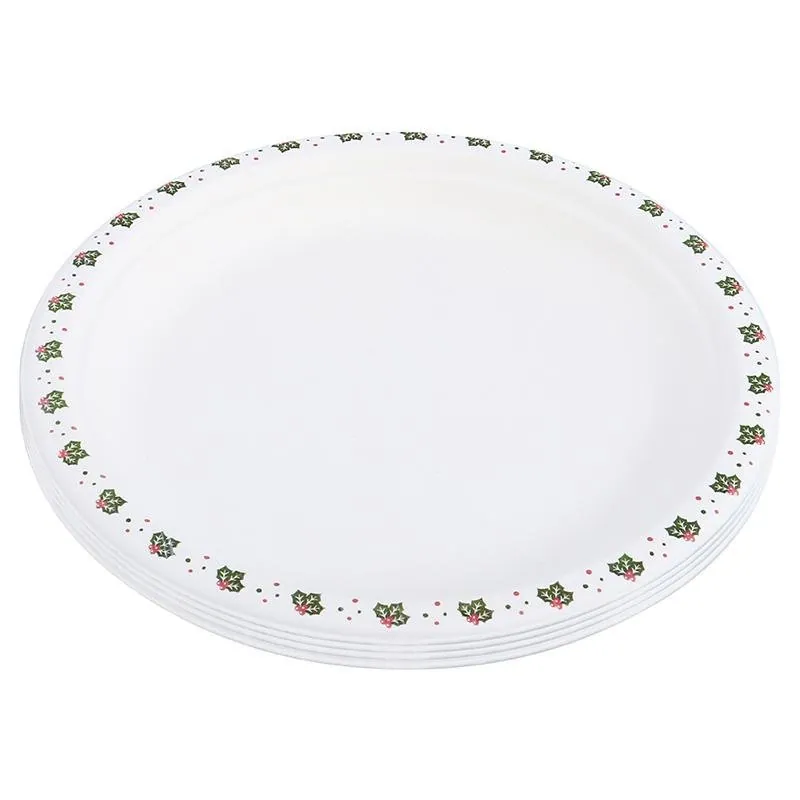 Sugarcane Bagasse Christmas Round Plates 18pk Large Ø 26cm Holly Print – image 3